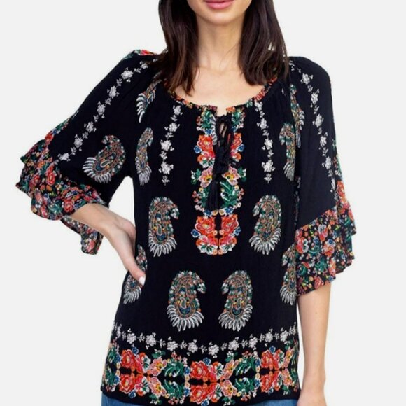 Bila Split Neck Blouse Top Boho Double Sleeve Ruffle Floral Paisley Women's XL - Picture 1 of 6